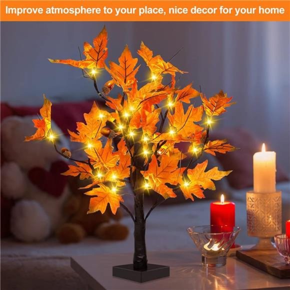 24-inch Fall Lighted Maple Tree with Acorns, 24 LED Lights, Battery Operated - Picture 2 of 7